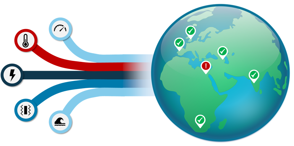 Different sensor inputs are streaming into a globe of the world. One of the sensor inputs is red and this shows up on the globe as a pin with a exclamation mark. This shows how data from systems can be made visible to the user with global visualisations